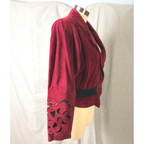 Vintage Phoenix Burgundy Black Suede Cutout Cropped Jacket M Art Western AS‎ IS - Picture 2 of 16